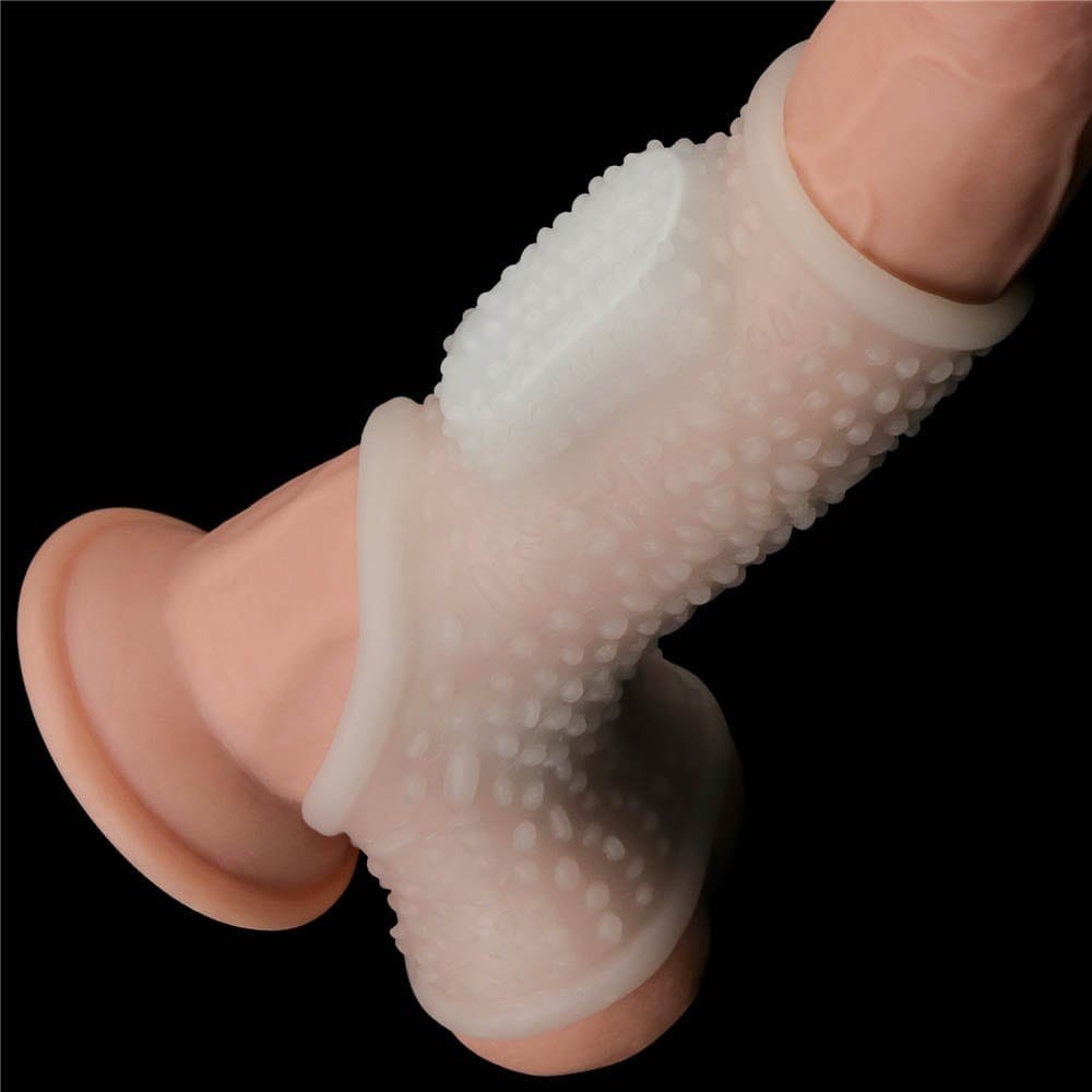 Vibrating Drip Knights Ring with Scrotum Sleeve - White Penis Sleeve for Enhanced Pleasure