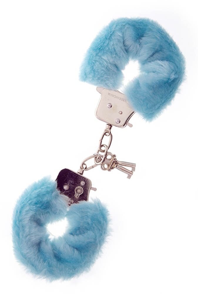 Metal Handcuffs with Plush Blue Cuffs - BDSM Restraints for Enhanced Sensation and Fun