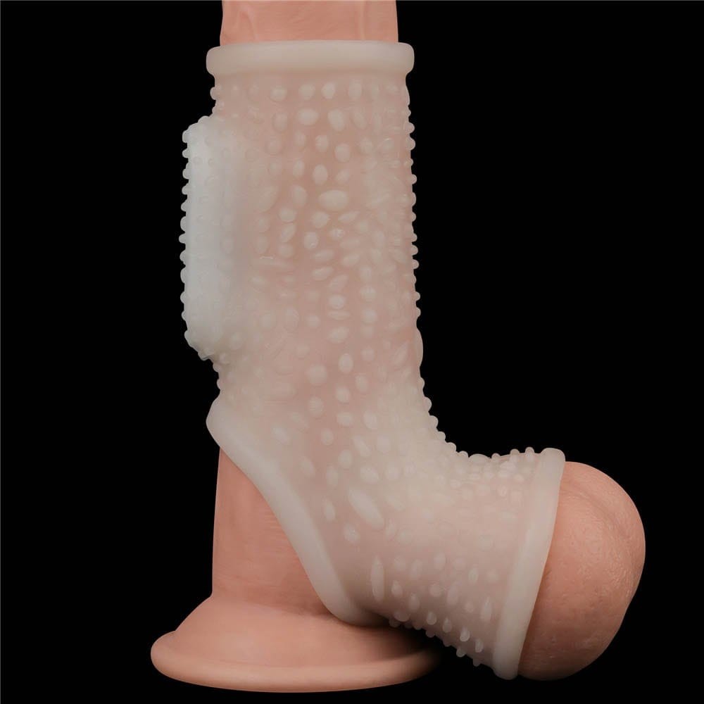 Vibrating Drip Knights Ring with Scrotum Sleeve - White Penis Sleeve for Enhanced Pleasure