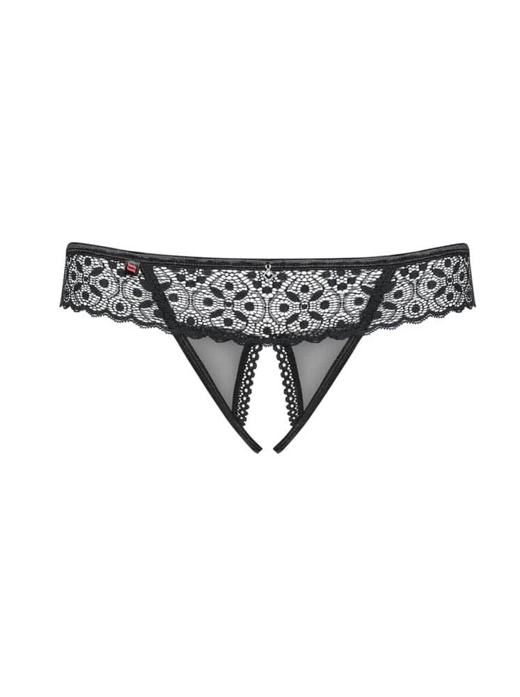 Shibu Crotchless Thong Black S/M - Lace Corset & Tanga Set for Ultimate Seduction