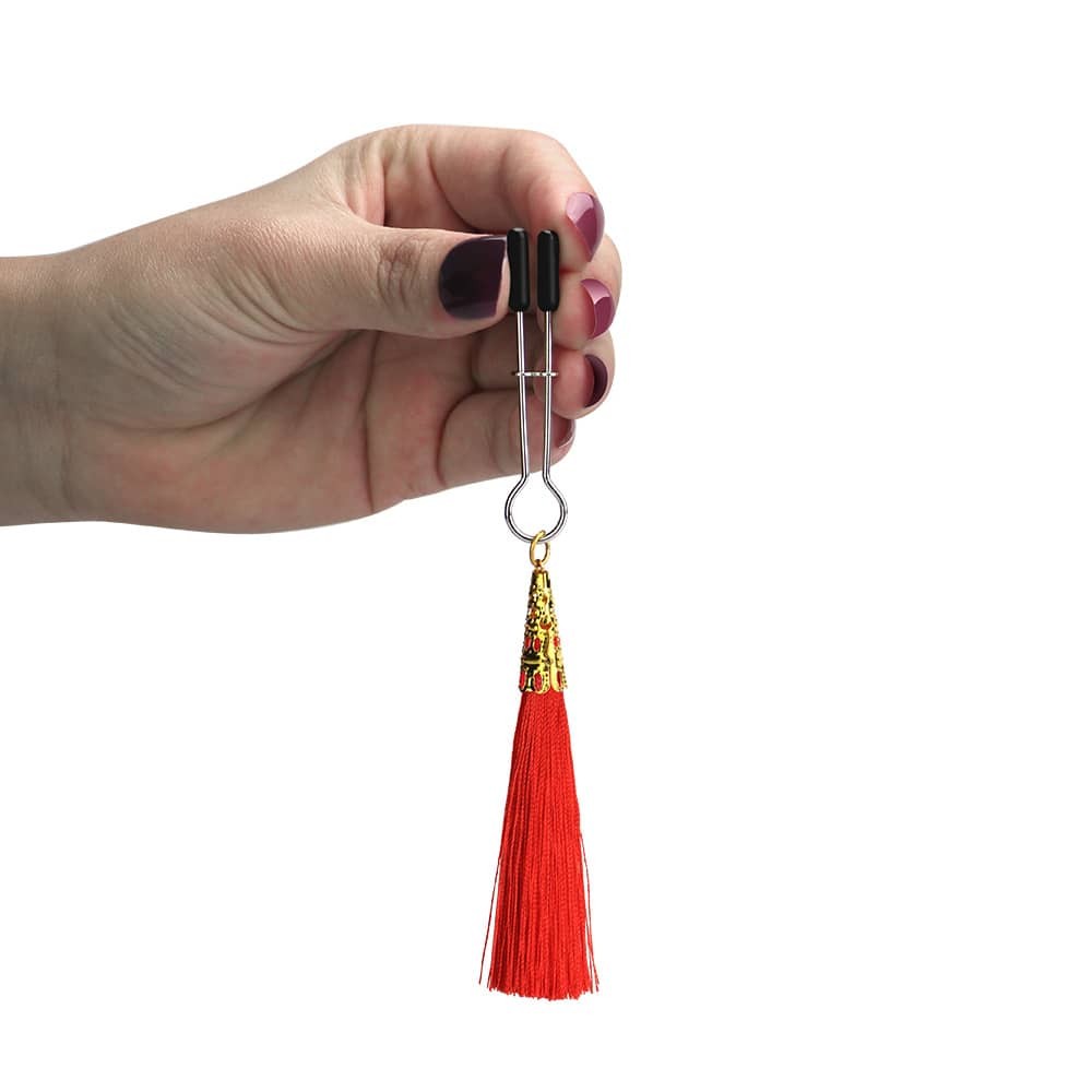 Premium Glamor Tassel Nipple Clamps - Red Cleme pentru Mamelon, Adjustable & Comfortable